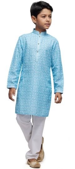 Blue color Boys Kurta Pyjama in Cotton fabric with Printed, Thread work