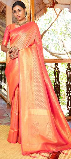 Festive, Traditional Orange color Saree in Handloom fabric with Bengali Weaving, Zari work : 1928412