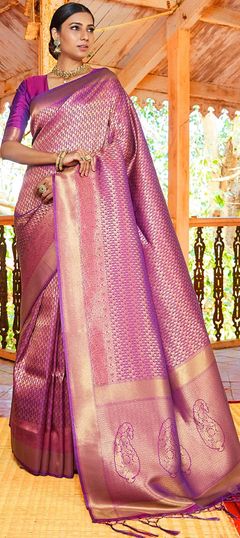 Purple and Violet color Saree in Handloom fabric with Weaving, Zari work