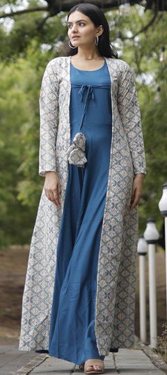 Blue color Gown in Rayon fabric with Sequence work