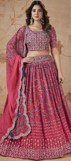 Bridal, Engagement, Wedding Pink and Majenta color Lehenga in Faux Georgette fabric with Flared Digital Print, Embroidered, Sequence, Zari work : 1928786