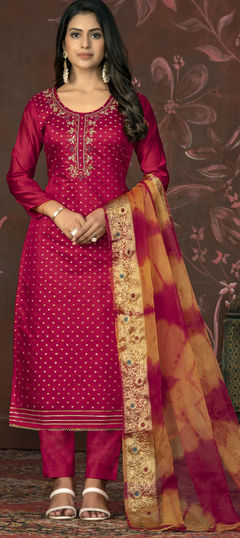 Festive, Party Wear, Reception Pink and Majenta color Salwar Kameez in Chanderi Silk fabric with Straight Bugle Beads, Cut Dana, Weaving work : 1928998