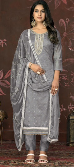 Black and Grey color Salwar Kameez in Chanderi Silk fabric with Bugle Beads, Weaving work