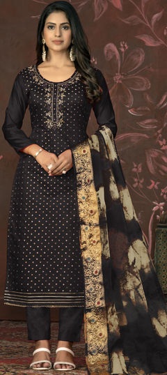 Festive, Party Wear, Reception Black and Grey color Salwar Kameez in Chanderi Silk fabric with Straight Bugle Beads, Cut Dana, Weaving work : 1929000