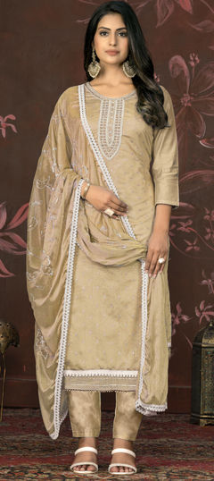 Beige and Brown color Salwar Kameez in Chanderi Silk fabric with Bugle Beads, Weaving work