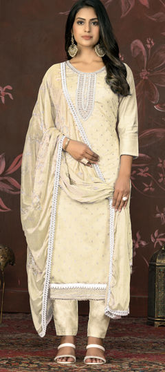 Beige and Brown color Salwar Kameez in Chanderi Silk fabric with Bugle Beads, Weaving work