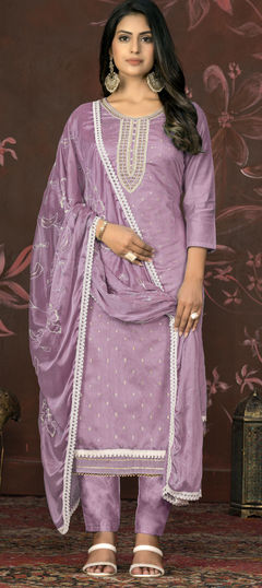 Purple and Violet color Salwar Kameez in Chanderi Silk fabric with Bugle Beads, Weaving work