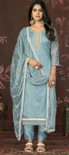 Blue color Salwar Kameez in Chanderi Silk fabric with Bugle Beads, Weaving work