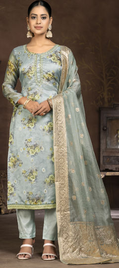Blue color Salwar Kameez in Organza Silk fabric with Digital Print, Floral, Stone, Thread work