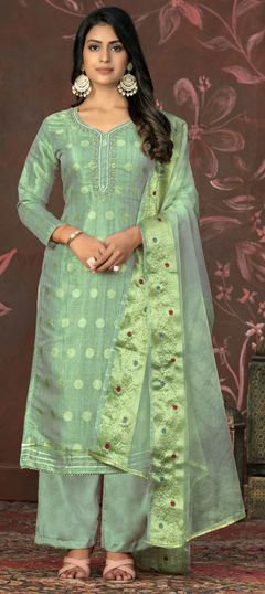 Festive, Party Wear, Reception Green color Salwar Kameez in Chanderi Silk fabric with Straight Bugle Beads, Cut Dana, Thread, Weaving work : 1929019