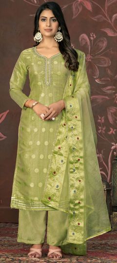 Festive, Party Wear, Reception Green color Salwar Kameez in Chanderi Silk fabric with Straight Bugle Beads, Cut Dana, Thread, Weaving work : 1929027