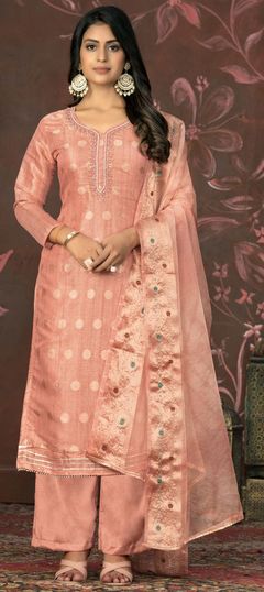 Festive, Party Wear, Reception Pink and Majenta color Salwar Kameez in Chanderi Silk fabric with Straight Bugle Beads, Cut Dana, Thread, Weaving work : 1929029