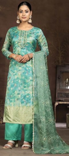 Festive, Party Wear, Reception Blue color Salwar Kameez in Organza Silk fabric with Straight Bugle Beads, Cut Dana, Weaving work : 1929035