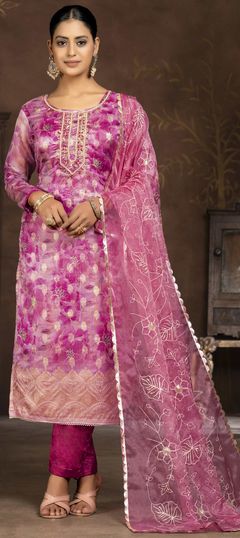 Purple and Violet color Salwar Kameez in Organza Silk fabric with Bugle Beads, Cut Dana, Stone, Weaving work