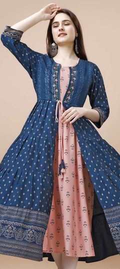 Blue color Kurti in Cotton fabric with Foil Print work