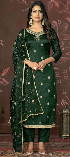 Festive, Party Wear Green color Salwar Kameez in Organza Silk fabric with Straight Embroidered, Sequence, Weaving work : 1929076