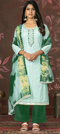 Green color Salwar Kameez in Cotton fabric with Embroidered, Stone, Thread work