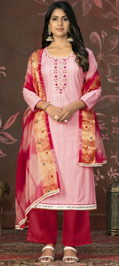 Red and Maroon color Salwar Kameez in Cotton fabric with Embroidered, Stone, Thread work