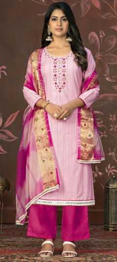 Pink and Majenta color Salwar Kameez in Cotton fabric with Embroidered, Stone, Thread work