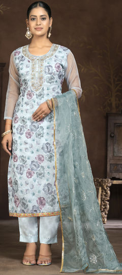 Black and Grey color Salwar Kameez in Organza Silk fabric with Cut Dana, Printed, Sequence work