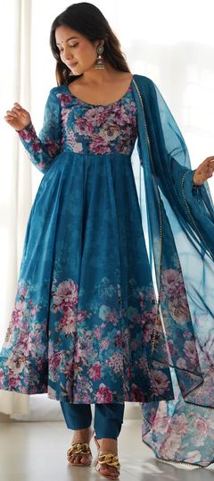 Blue color Salwar Kameez in Organza Silk fabric with Floral, Printed work