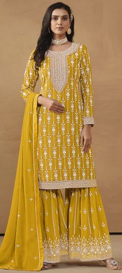 Festive, Reception, Wedding Yellow color Salwar Kameez in Faux Georgette fabric with Sharara, Straight Embroidered, Resham, Thread work : 1929150