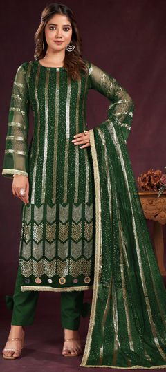 Green color Salwar Kameez in Net fabric with Embroidered, Sequence, Thread work