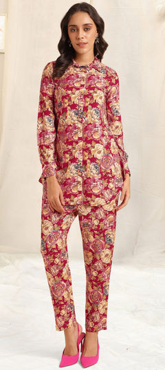 Beige and Brown, Pink and Majenta color Co-ords Set in Rayon fabric with Floral, Printed work