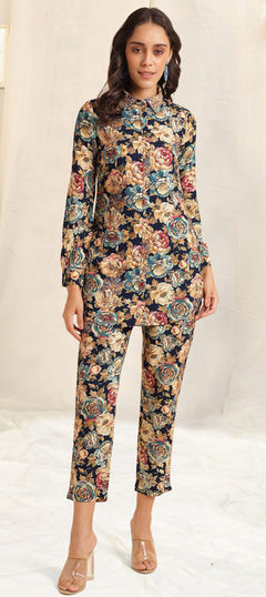 Beige and Brown, Blue color Co-ords Set in Rayon fabric with Floral, Printed work