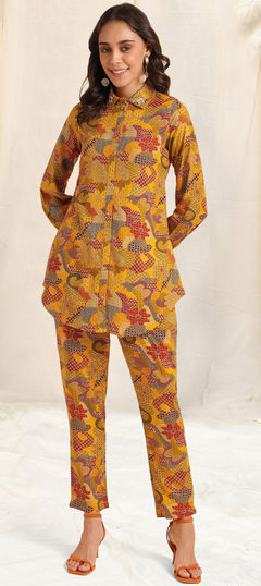 Red and Maroon, Yellow color Co-ords Set in Rayon fabric with Floral, Printed work