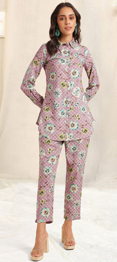 Beige and Brown, Purple and Violet color Co-ords Set in Rayon fabric with Floral, Printed work