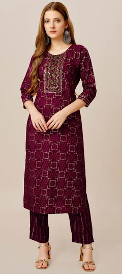 Casual, Summer Purple and Violet color Salwar Kameez in Rayon fabric with Embroidered, Printed, Thread work : 1929221