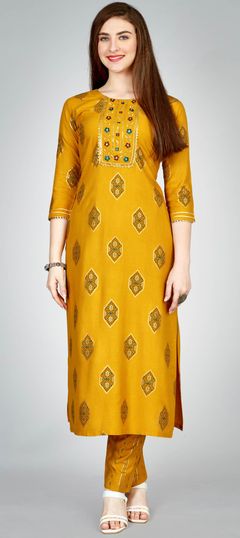 Casual, Summer Yellow color Salwar Kameez in Rayon fabric with Embroidered, Printed, Thread work : 1929227