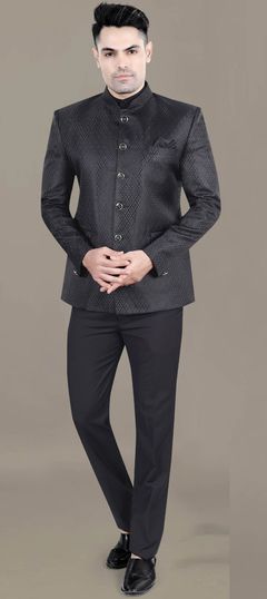 Party Wear, Reception, Wedding Black and Grey color Jodhpuri Suit in Jacquard fabric with Thread work : 1929343