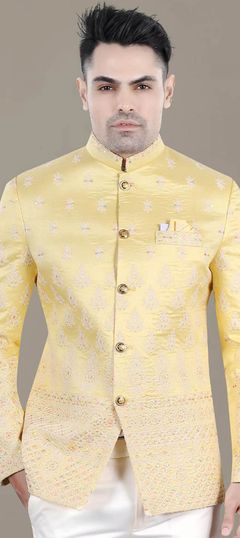 Yellow color Blazer in Jacquard fabric with Sequence, Thread work