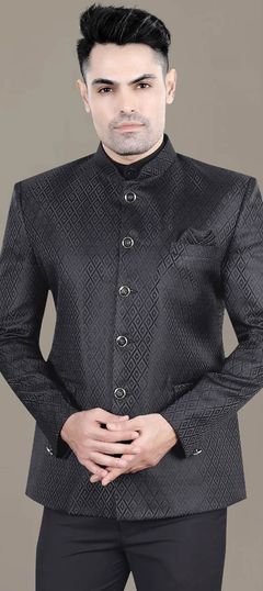 Black and Grey color Blazer in Jacquard fabric with Thread work