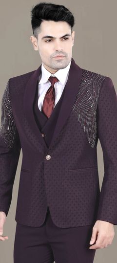 Red and Maroon color Blazer in Rayon fabric with Bugle Beads, Embroidered, Thread work