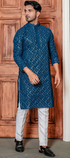 Party Wear Blue color Kurta Pyjamas in Faux Georgette fabric with Embroidered, Sequence, Thread work : 1929399