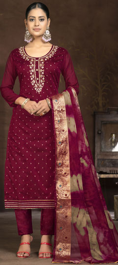 Red and Maroon color Salwar Kameez in Chanderi Silk fabric with Cut Dana, Sequence, Weaving work