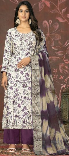 Festive, Party Wear Purple and Violet color Salwar Kameez in Cotton fabric with Palazzo, Straight Embroidered, Printed, Stone, Thread work : 1929478