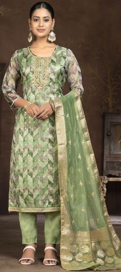 Festive, Party Wear Green color Salwar Kameez in Organza Silk fabric with Straight Cut Dana, Printed, Stone, Zari work : 1929479