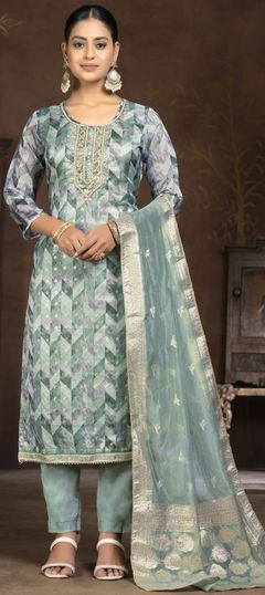 Festive, Party Wear Blue color Salwar Kameez in Organza Silk fabric with Straight Cut Dana, Printed, Stone, Zari work : 1929480