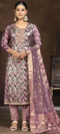 Pink and Majenta color Salwar Kameez in Organza Silk fabric with Cut Dana, Printed, Stone, Zari work
