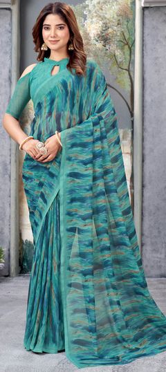 Blue color Saree in Faux Georgette fabric with Printed work