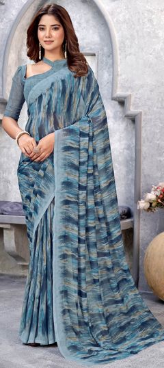 Casual Black and Grey color Saree in Faux Georgette fabric with Classic Printed work : 1929553