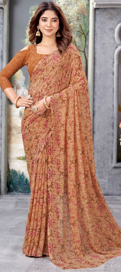 Beige and Brown color Saree in Faux Georgette fabric with Printed work