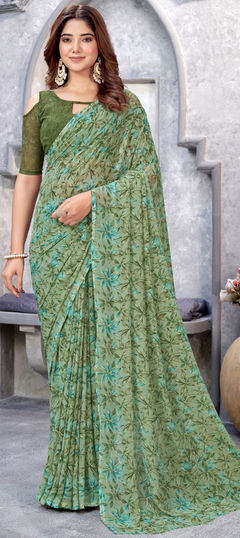 Green color Saree in Faux Georgette fabric with Printed work