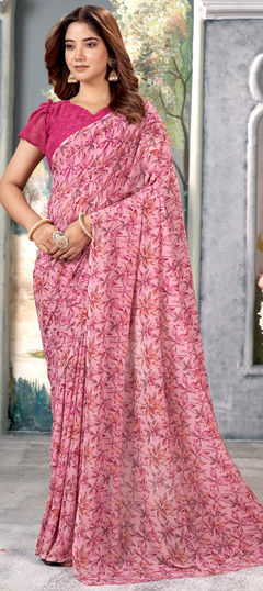 Pink and Majenta color Saree in Faux Georgette fabric with Printed work