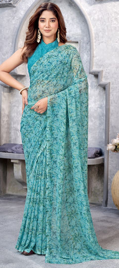 Blue color Saree in Faux Georgette fabric with Printed work