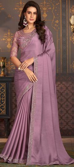 Purple and Violet color Saree in Chiffon fabric with Resham, Sequence, Thread work